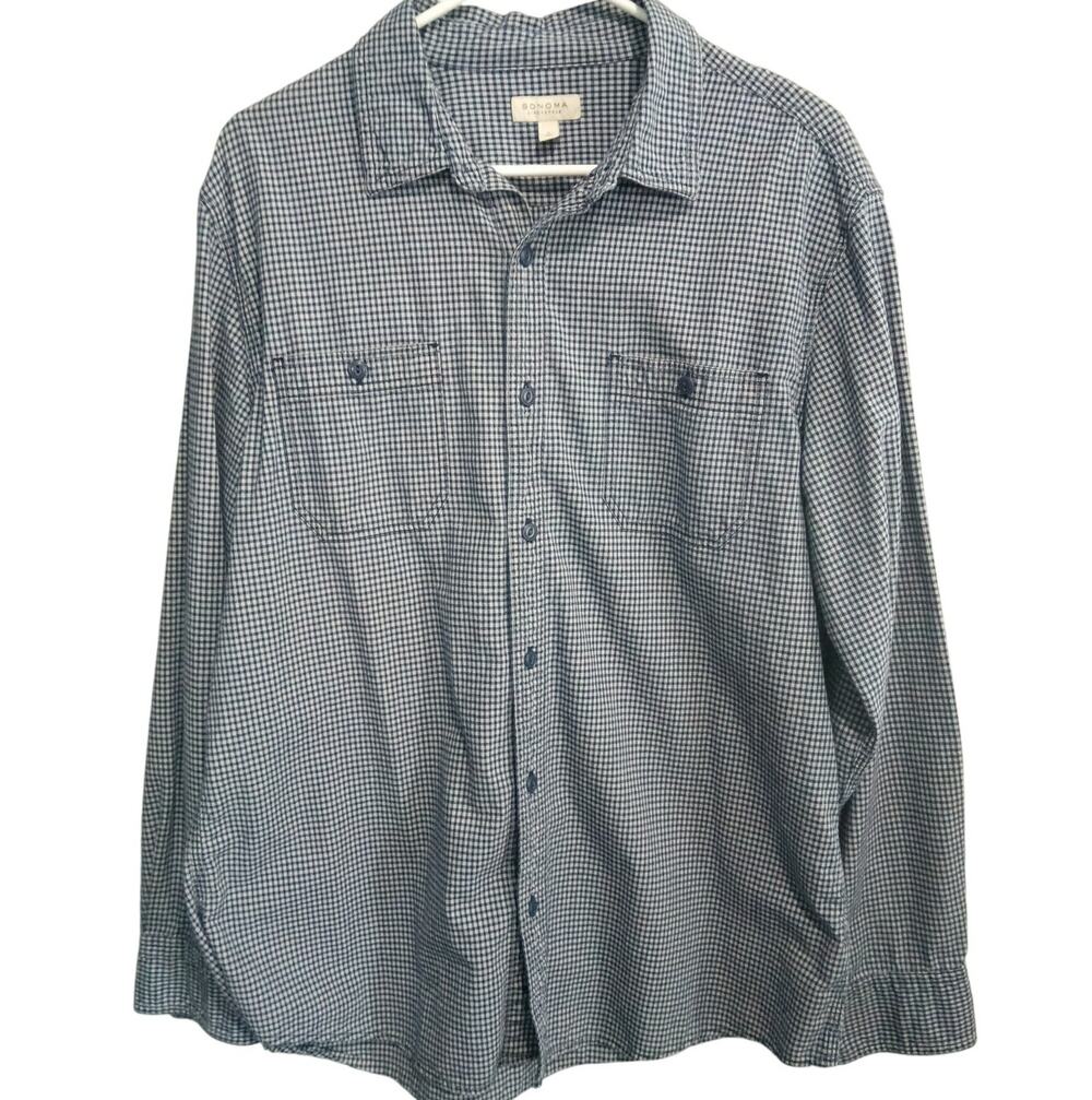 Sonoma Shirt Men's Large Blue Checkered Button Down Casual Cotton Top